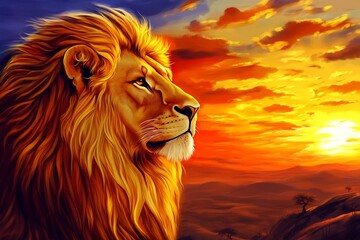 A majestic lion, golden mane flowing, gazing across the African savanna at