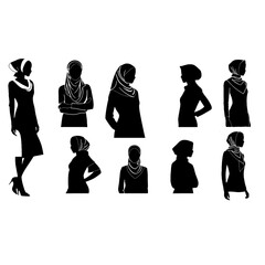 Set silhouettes of muslim woman wearing islamic clothing style. hijab.  abaya. Vector illustration.Silhouette moslem girl. modern hijab. black and white Islamic fashion. jilbab. veil. silhouette hijab