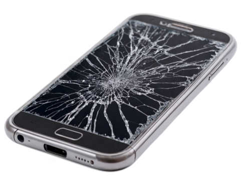 Close Up of a Smartphone Displaying a Severely Cracked Screen Indicating Damage