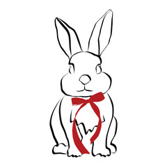 Easter bunny with bow in hand drawn coquette style. Vintage cute animal in simple crayon and sketch style. Trendy art for invitation and banner for holidays. Doodle vector illustration