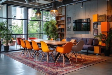Colorful conference room with vibrant seating and modern decor designed for collaborative discussions and meetings