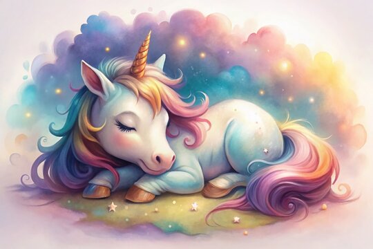 Adorable Sleeping Unicorn Digital Watercolor Illustration - Cute Cartoon Animal Stock Photo