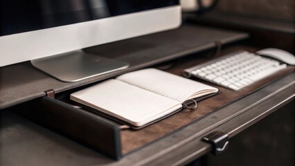 a minimalist workspace setup featuring a monitor, keyboard, mouse, and notebook. A blend of technology and traditional elements creates a sense of productivity and creativity