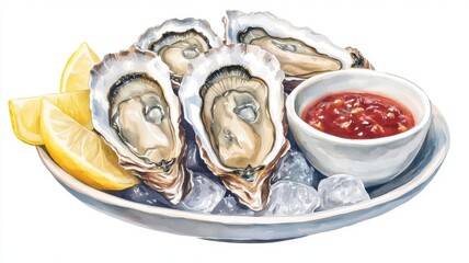 Fresh oysters on ice, served with mignonette sauce and lemon wedges, watercolor style