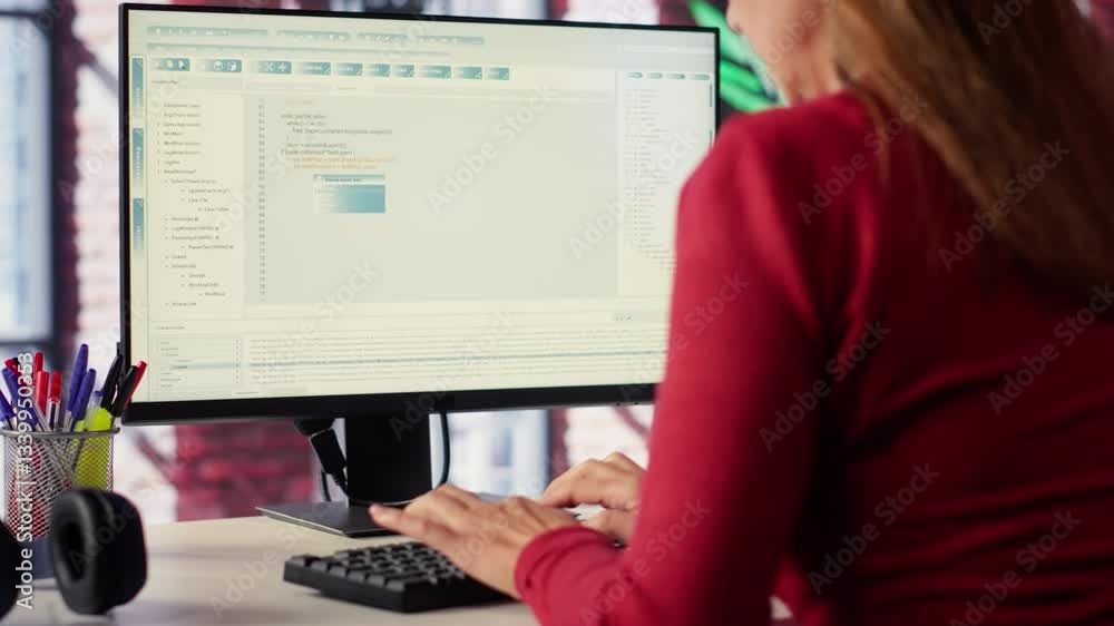 Poster freelancer typing commands into a futuristic ai chatbot to help solve tasks, artificial intelligence