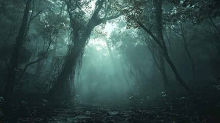 Obraz premium Enchanted Forest Pathway with Mysterious Fog and Dappled Light Ideal for Fantasy Nature and