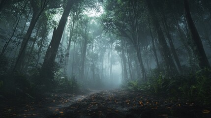 Naklejka premium Enchanted Forest Pathway with Sunlight Filtering Through Trees Mysterious Atmosphere Natures