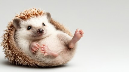 Fototapeta premium A cheerful hedgehog in a playful pose, showcasing its cute features and innocence, representing the joy and charm found in small animals and nature's wonders.