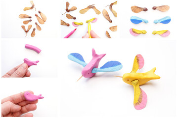 Whimsical modeling clay bird with natural elements, white background showcasing playful handmade birds, colorful markers, and maple seeds. Great for kids activities, art classes, creative businesses,