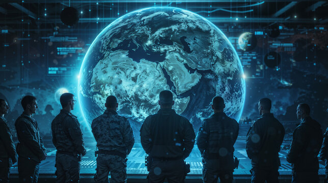 Military personnel silhouettes viewing holographic Earth display in command center. Futuristic tactical operations room with global monitoring system showing Europe, Africa, and Middle East in blue