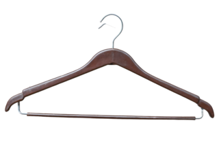 Detailed close-up of a brown plastic clothes hanger with a metal hook