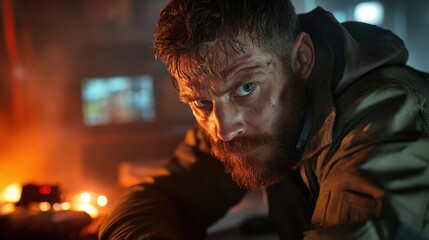 This striking close-up showcases a disheveled character soaked in sweat and grit, with intense expressions that reveal deep emotions and struggles against a chaotic backdrop.