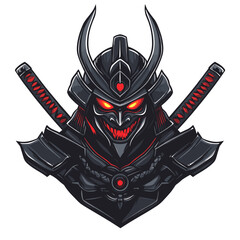 Fototapeta premium Esports logo featuring a shadowy armored samurai with glowing red eyes and swords, symbolizing strength and focus in competitive gaming