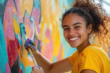 Teen girl paints vibrant mural with joy while smiling, showcasing artistic creativity on a sunny day in an urban setting