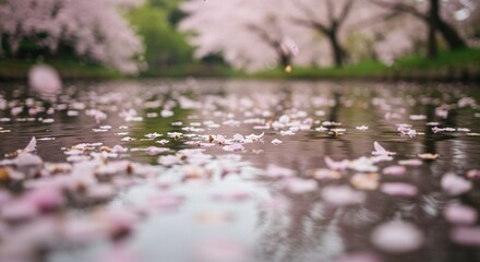 Fototapeta premium Soft-focus cherry blossom petals floating on a calm water surface