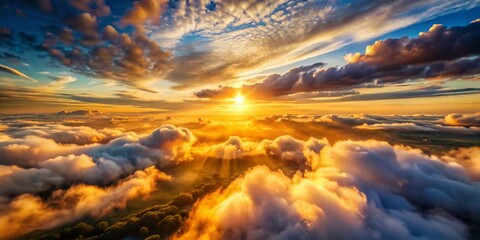 Obraz premium Aerial Sunrise: Golden Light Through Fluffy Cloudscape