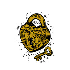 stylized illustration of a heart-shaped padlock and its key. The padlock is depicted in a gold color with intricate, swirling details etched into its surface. The key is smaller and simpler in design