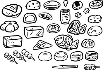 いろいろな和菓子の手描き風線画のイラストセット