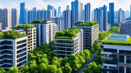 Aerial view of modern urban architecture with green rooftops and lush trees in a bustling city