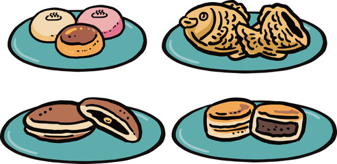 お皿に盛られたいろいろな和菓子の手描き風イラストセット　2