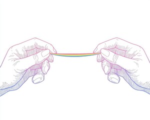 Obraz premium A pair of hands stretches a colorful elastic band, showcasing a playful interaction with vibrant hues.