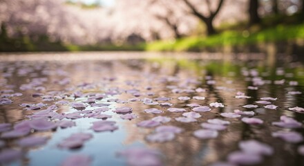 Fototapeta premium Soft-focus cherry blossom petals floating on a calm water surface