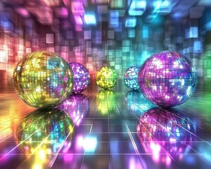 Obraz premium Colorful disco balls reflect vibrant lights on a glossy surface, creating a lively and festive atmosphere.