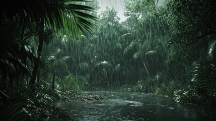 Obraz premium Rainy Jungle Pathway A Serene Tropical Scene with Lush Greenery and Gentle Rainfall Ideal for