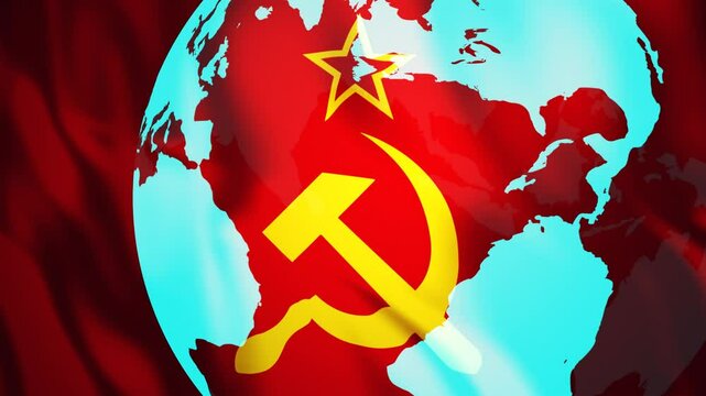 Soviet Union flag with planet earth rotating. USSR global influence on past and future