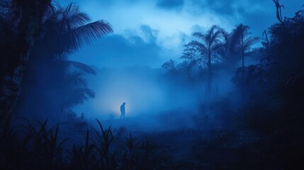 Obraz premium Silhouette of a figure standing amidst misty tropical forest at twilight surrounded by dense f