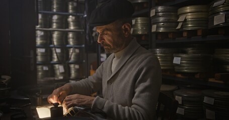 Media Stocker Organizing Film Reels in a Dimly Lit Archive Room Filled with Treasures