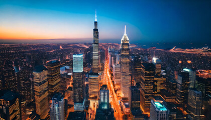 Naklejka premium City skyline at dusk with skyscrapers and lights