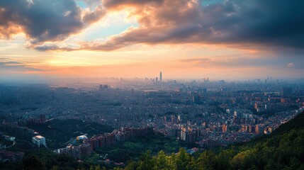 Obraz premium Cityscape view during sunset time and cloudy sky from the high angle. Great image for urban development or travel industry purpose.