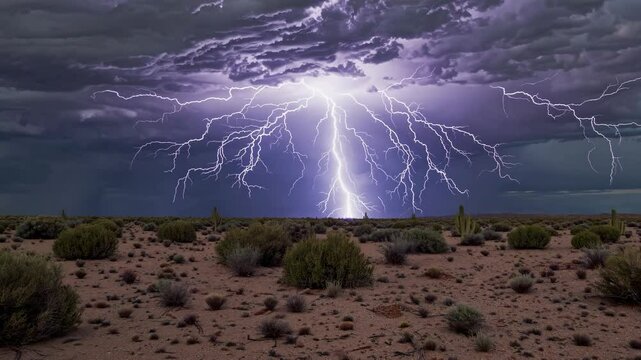 Multiple lightning strikes hitting the ground during a powerful desert thunderstorm in Arizona