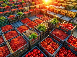 Aerial View of Fresh Vegetables in Red and Black Crates, Ready for Market Distribution