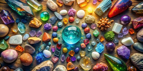 Obraz premium Aerial View of Healing Crystals Arranged for Meditation & Reiki Practice