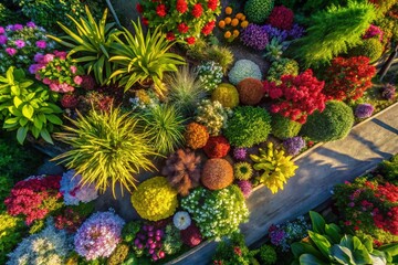 Fototapeta premium Aerial View of Lush Garden Landscape, Beautiful Green Plants and Flowers from Above