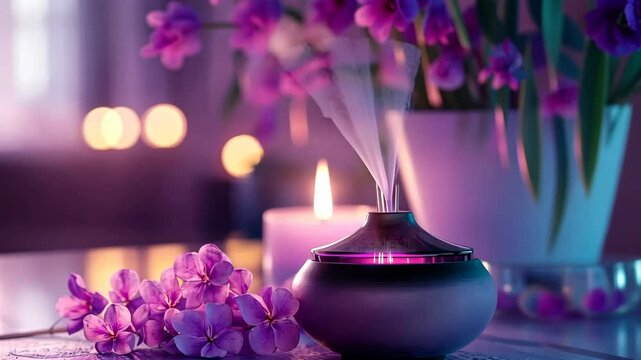 Relaxing atmosphere with aromatherapy diffuser and delicate flowers in soft lighting