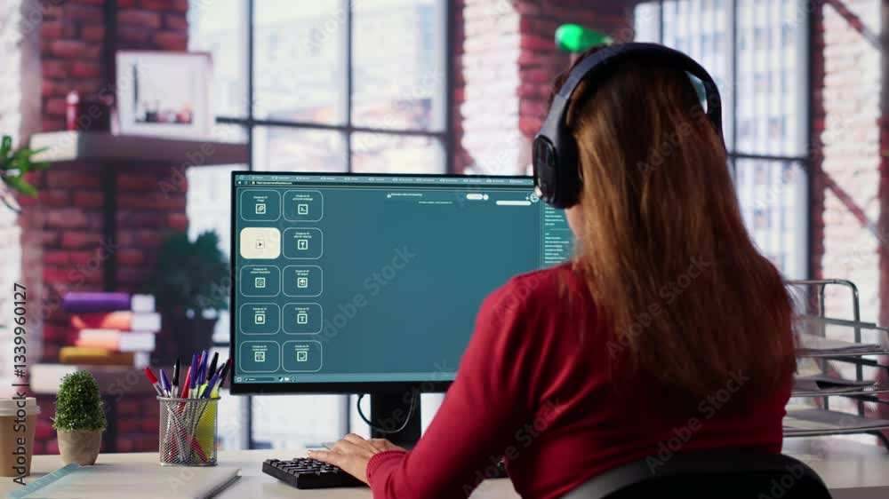 Fototapete mature developer coding cloud computing with ai chatbot on pc, working from her home and focuses on 