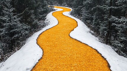 A simple flat design showing a snow-dusted trail winding through a dense forest.