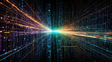 Abstract Data Technology Background: Futuristic Digital Network and Communication Visuals with Dynamic Motion and Neon Light Effects