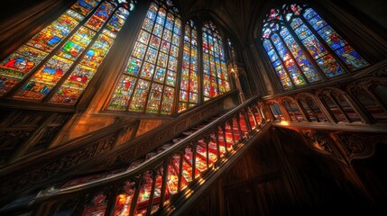 Obraz premium Majestic Stained Glass Staircase: A Symphony of Colors and Light