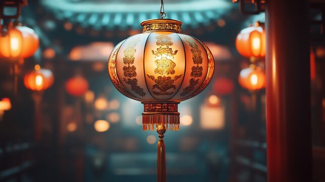 Decorative Chinese lantern adorned with gold accents and a tassel glowing brightly for celebrations hanging in a festive environment