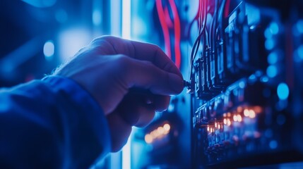 Technician adjusting circuit breakers in a control panel, illuminated with blue lighting