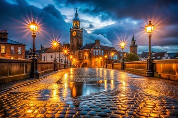 Fototapeta premium Annan Bridge & Town Hall at Night - Low Light Cityscape Stock Photo