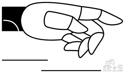 Robotic hand extended in a precise gesture, surrounded by simple lines and small cityscape. Ideal for technology, automation, innovation, futurism, engineering, robotics connection. Flat simple