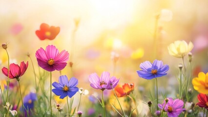 Colorful Cosmos Flowers Blooming in Sunlight