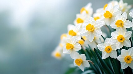 Beautiful daffodils with dew drops in soft focus