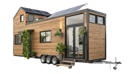A Modern Eco-friendly Tiny House On Wheels, Boasting A Warm Wood Exterior, Solar Panels, And A Charming Rooftop Deck, Offering Sustainable And Stylish Living Isolated on Transparent Background