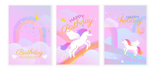 Bright children's birthday cards with unicorns, stars and a rainbow. Set of three cards.